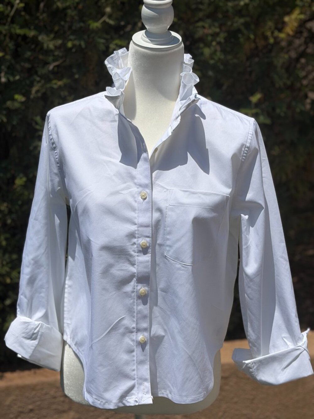 Upcycled White Oxford Ruffle Neck Blouse, Cottagecore Cotton Shirt M